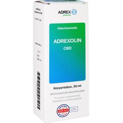 Weiße Verpackung einer Körperlotion namens Adrexolin mit CBD, 50 ml.