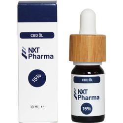 Braunes Fläschchen und Schachtel mit CBD-Öl von NXT Pharma, Konzentration 15%.