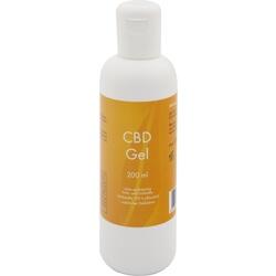 Weiße Flasche mit orangem Etikett, beschriftet mit "CBD Gel, 200 ml".
