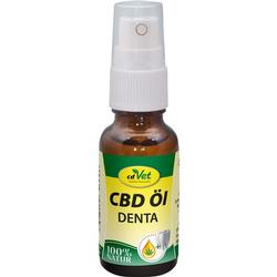Braunes Fläschchen mit weißem Sprühkopf und einem Etikett mit der Aufschrift "CBD Öl Denta".